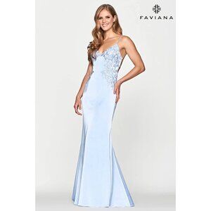 Faviana LT10604 Peri Blue Long Gown Formal Dress Lace Embroidered 14 NEW $478